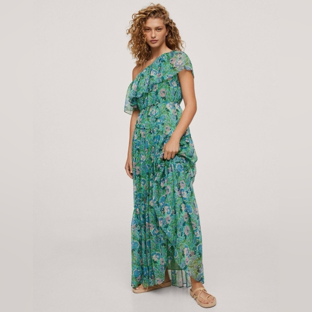 Mango Ruffle One-Shoulder Frill Hem Floral Print Maxi‎ Dress Green Size 2